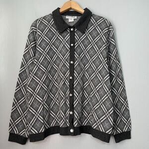Eccobay Cardigan Size Large Metallic Black Gray Plaid Sweater Preppy Academia